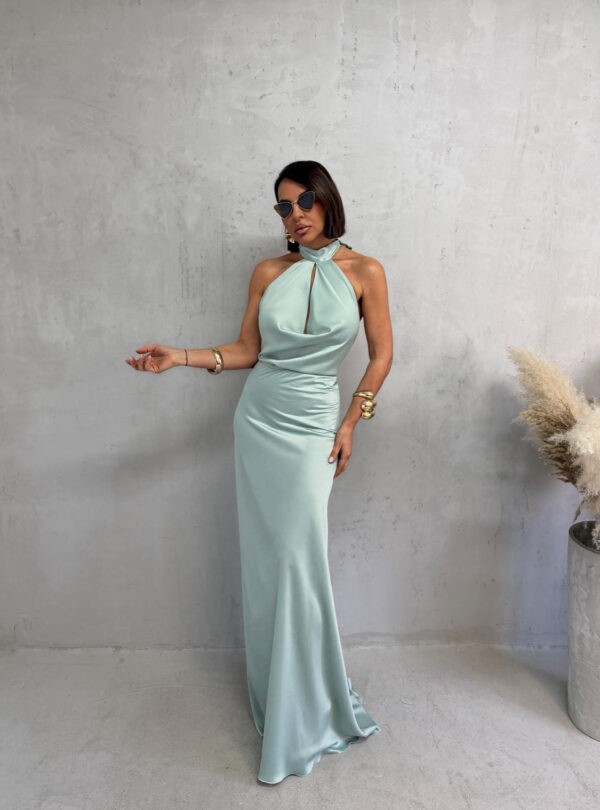Duga mint plava elegantna satenska haljina otvorenih leđa sa rolka kragnom