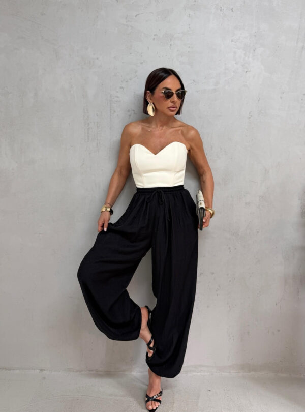 Crne široke ležerne balon pantalone visokog struka na vezivanje