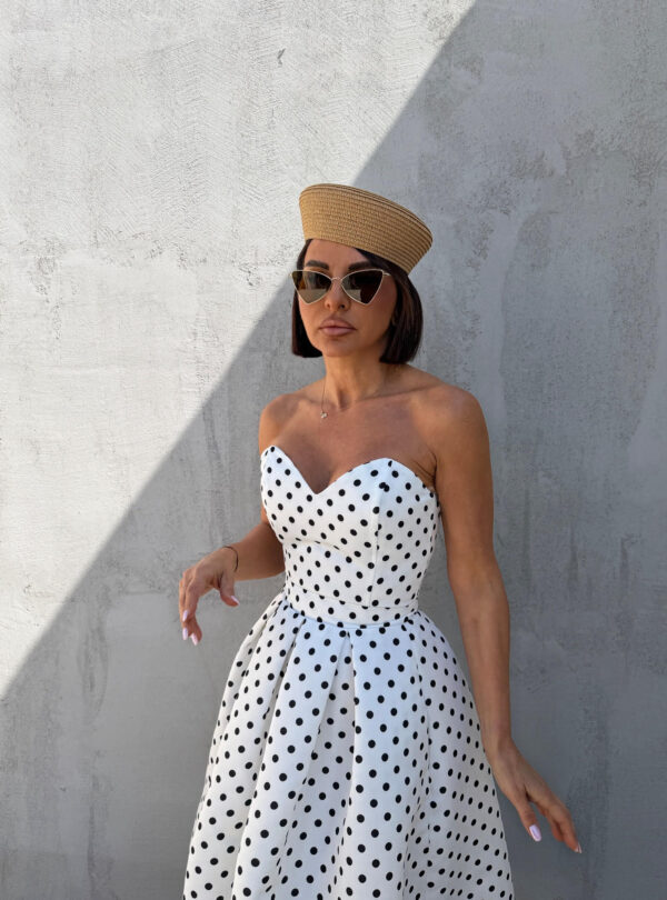 Polka dot tufnasti komplet suknje A kroja i korseta beli sa crnim tufnicama